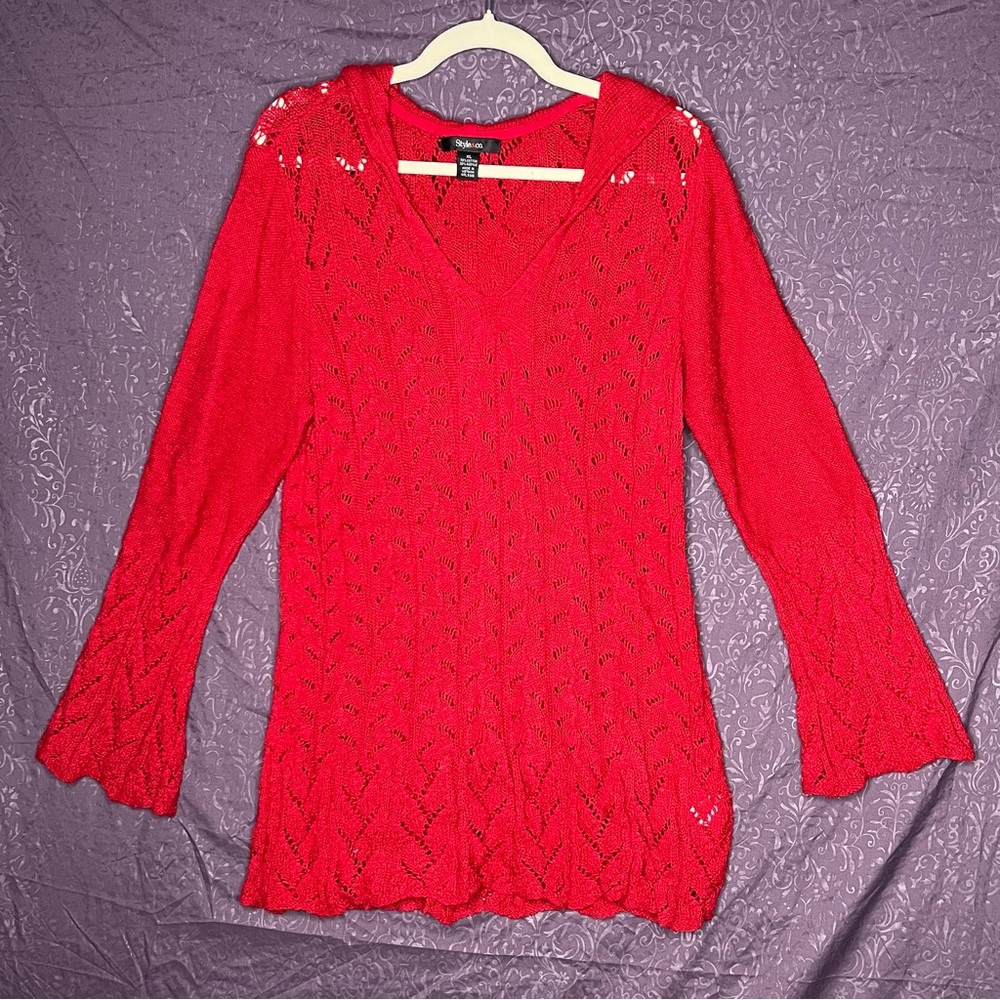 Style & Co Red Knit V-Neck Hooded Sweater - Size XL